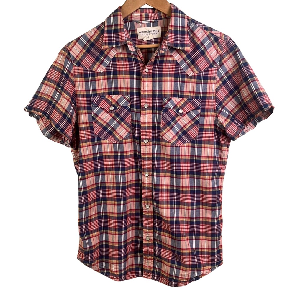 VTG Denim & Supply Ralph Lauren Red Blue Plaid Short Sleeve Pearl Snap Shirt Med